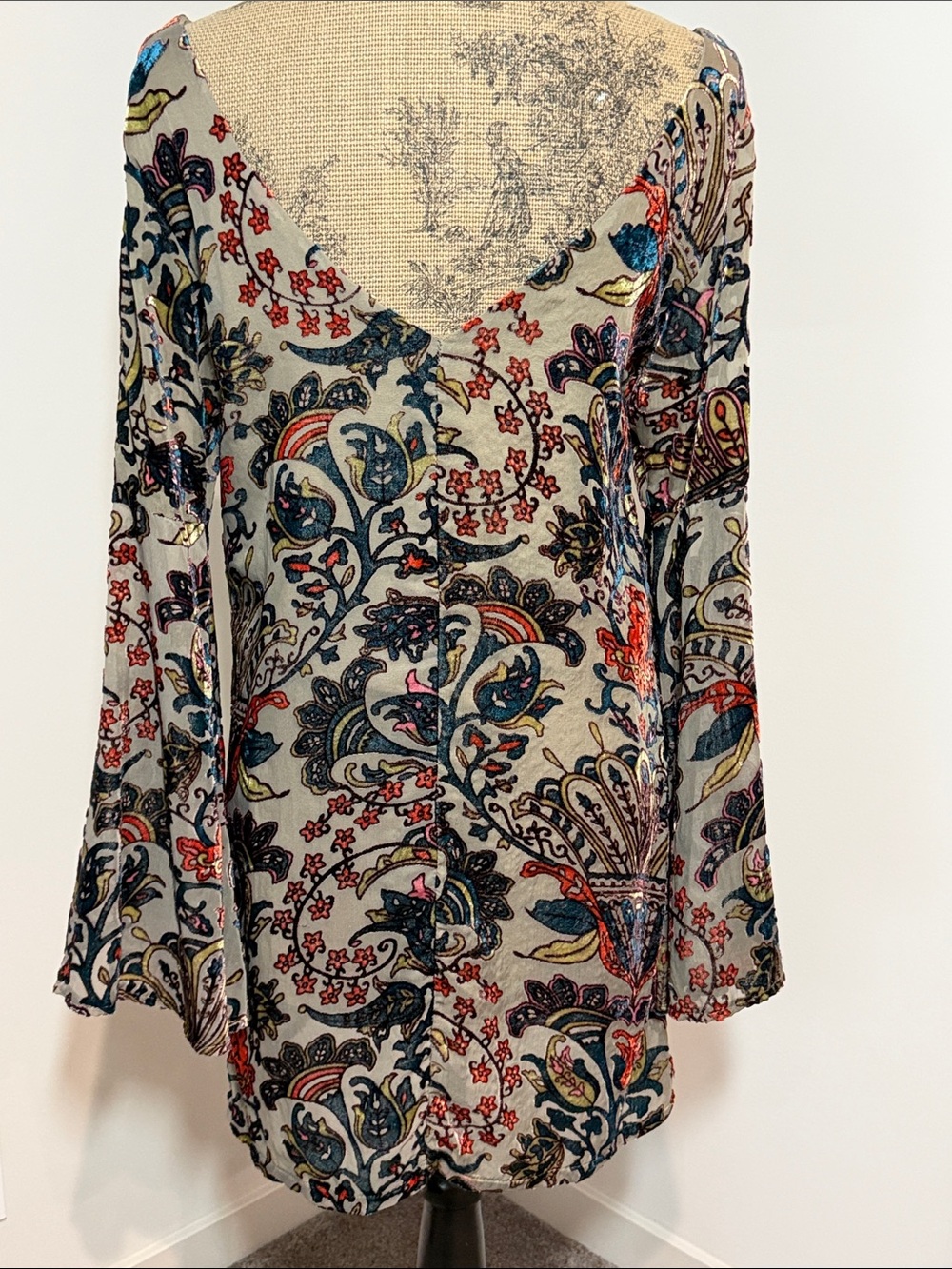 Altar’d State velvet Paisley V-Neck dress in Multicolor with flare sleeves small